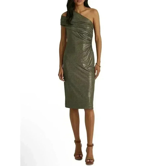 Lauren Ralph Lauren Women One-Shoulder Dress Arethusa Glitter Thread Olive Sz 6 - Picture 1 of 12